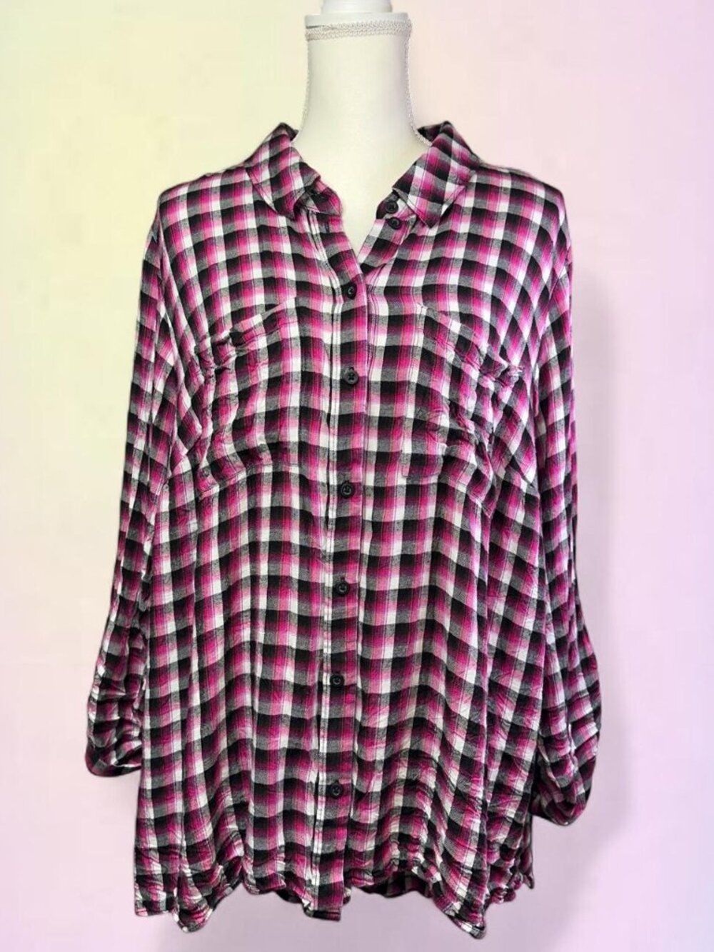 Lane Bryant Pink and Black Plaid Button-Up Shirt size 22/24